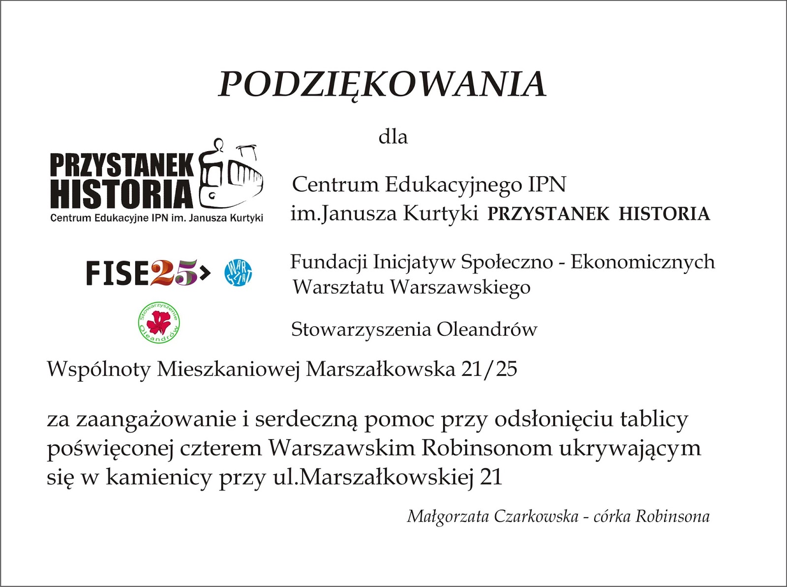 Podziękowania — treść